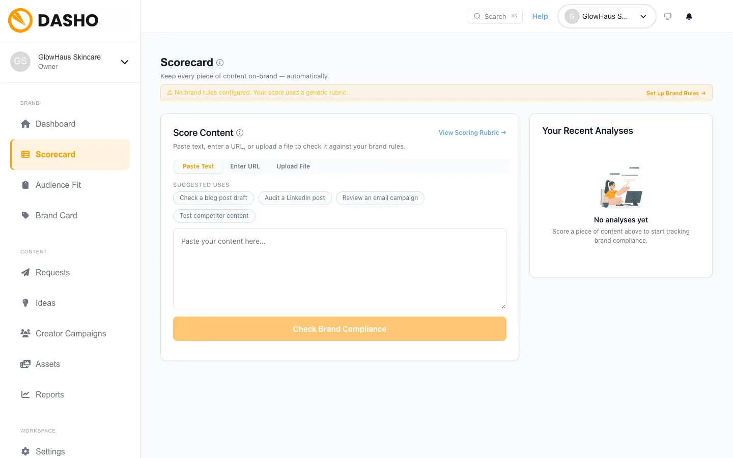 The Dasho Content Scorecard checking a draft against brand rules