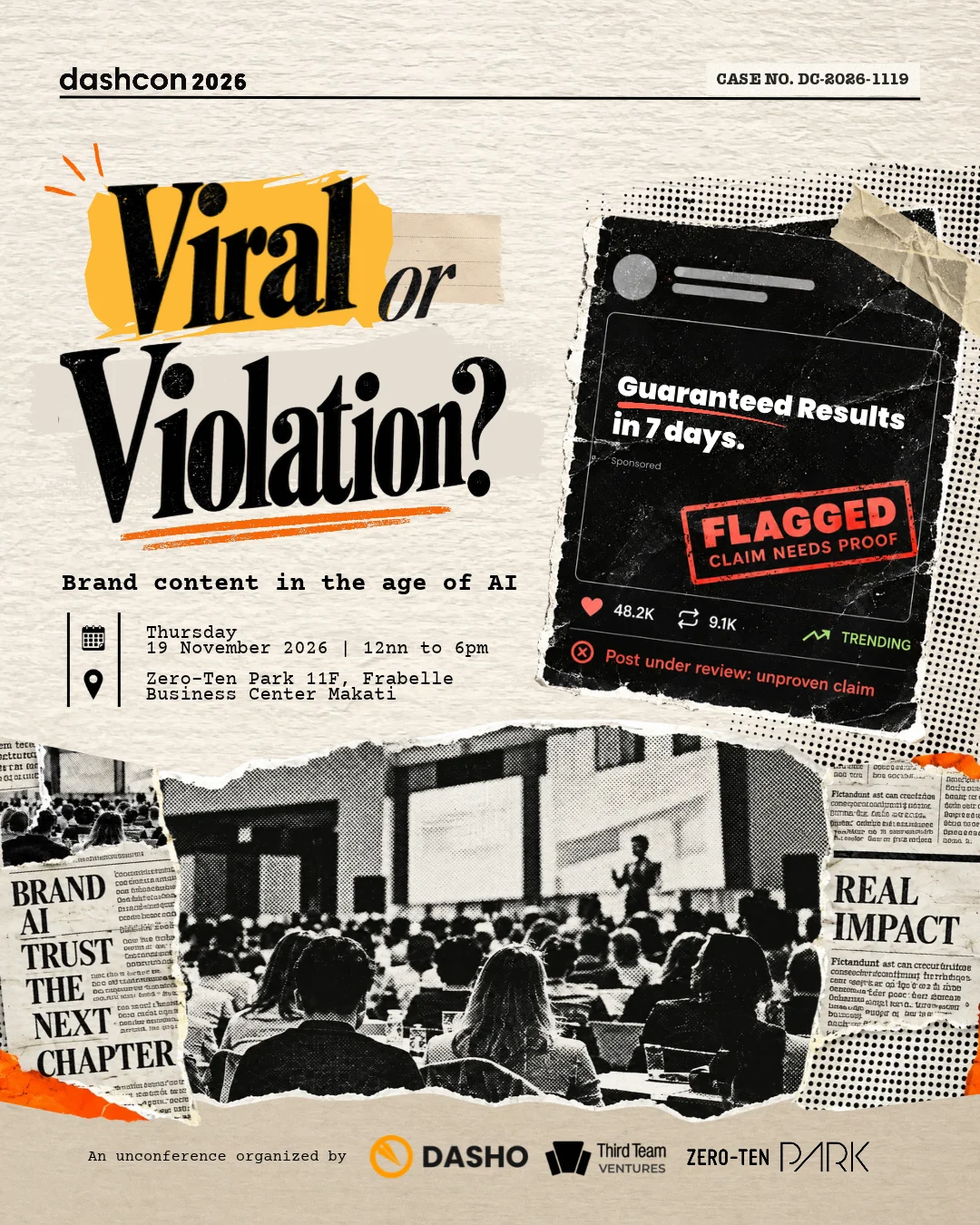 DashCon 2026 key visual: Viral or Violation? Brand content in the age of AI. Thursday 19 November 2026, 12nn to 6pm, Zero-Ten Park, Makati. A sponsored post stamped FLAGGED: claim needs proof.